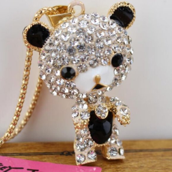 Jewelry - Crystal Rhinestone White & Black Enamel TEDdy BEAR Pendant Necklace